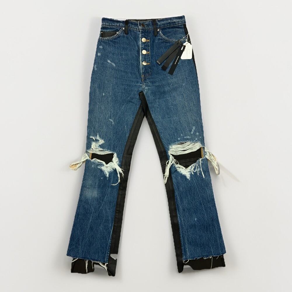 AMIRI Denim Leather Indigo/Black Distressed Jeans DMG-WBLTD-CRFINK - Size 24